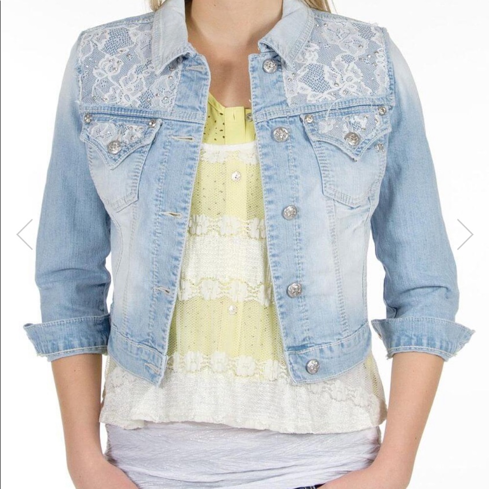 Miss me crop button front yoke lace denim jacket S